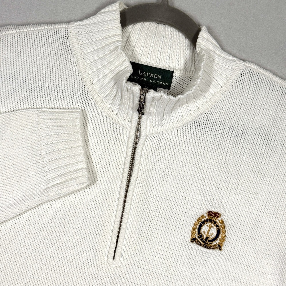 Lauren Ralph Lauren White Half-Zip Turtleneck Sweater with Crest